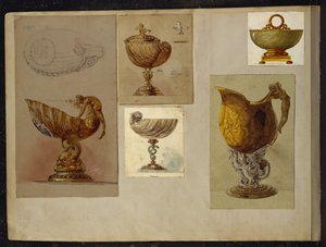 Wybór wzorów, House of Carl Faberge (ołówek i akwarela podkreślone bielą i złotem na kartonie)