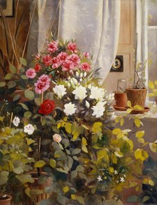Azalia, pelargonie, róże i inne rośliny doniczkowe przy oknie autorstwa Carl Christian Carlsen