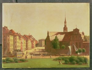 Plac Pałacowy i Holmens Kirke, z okna zamku Christiansborg w Kopenhadze, 1866 r. autorstwa Carl Christian Constantin Hansen