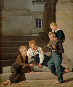 Młodzi chłopcy grający w kości przed zamkiem Christiansborg, Kopenhaga, 1834 autorstwa Carl Christian Constantin Hansen
