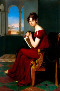 ""Portret młodej kobiety trzymającej narzędzia kreślarskie"" (Młoda dama z przyborami do rysowania) Obraz Carla Christiana Vogela von Vogelstein (1788-1868) 1816 Olej na płótnie Wym. 70x48,5 cm Państwowa Galeria Sztuki, Drezno