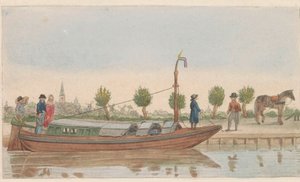 Barka holownicza, 1824 Een hollandsche trek lub Jaagschuit / Une barque de tracte, servee au transport de voyageurs et marchandises en hollande (tytuł na obiekcie) autorstwa Carl Cristiaan Fuchs