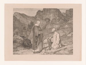 Dwóch mnichów przy przyciętym drzewie w górskim krajobrazie autorstwa Carl Friedrich Lessing