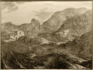 Górski krajobraz, po lewej dom, przed którym stoi wędrowiec autorstwa Carl Friedrich von Rumohr
