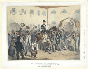 Proklamacja konstytucji w miejscu zebrań Gwardii Narodowej w Wolnym Domu (Freihaus) na Wiedniu 15 marca 1848 r. (litografia kolorowana) autorstwa Carl Goebel