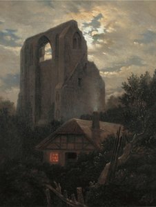 Ruiny klasztoru Eldena z domkiem w pobliżu Greifswaldu w Moonlight, 1820
