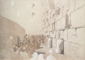 „Am Klageplatz der Juden”, Ściana Płaczu w Jerozolimie, 1869 (ołówek i plama podkreślone bielą na papierze) autorstwa Carl Haag