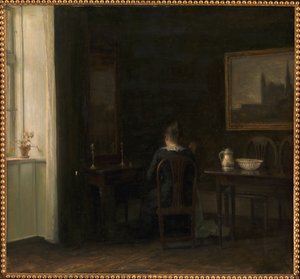 Wnętrze z żoną artysty Emilie Heise autorstwa Carl Holsoe