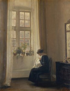 Dziewczyna szyjąca we wnętrzu (olej na płótnie) autorstwa Carl Holsoe