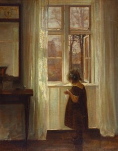 Dziewczyna stojąca przy oknie (olej na płótnie) autorstwa Carl Holsoe