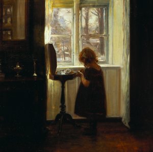 Dziewczyna stojąca przy stole do szycia (olej na płótnie) autorstwa Carl Holsoe