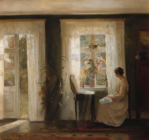 Kobieta przy słonecznym oknie (olej na płótnie) autorstwa Carl Holsoe