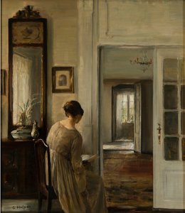 Wykład. La femme du peintre - Czytanie. Żona malarza - Carl Holsoe (1863-1935). Olej na płótnie Wymiar : 58x52 cm Kolekcja prywatna autorstwa Carl Holsoe
