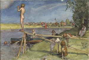 Przyjemne miejsce do kąpieli. Z cyklu „Dom” (26 akwareli) autorstwa Carl Larsson