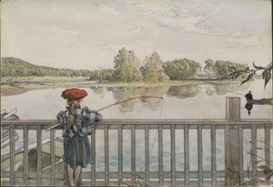 Lisbeth łowi ryby. Z cyklu Dom (26 akwarel) autorstwa Carl Larsson