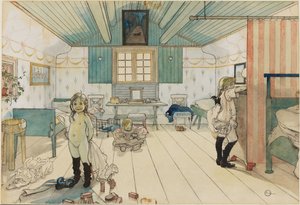 Pokój matki i małych dziewczynek. Z dzieła Dom (26 akwarel) autorstwa Carl Larsson