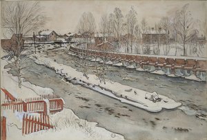 „Zsyp na drewno”. Scena zimowa. Z cyklu „Dom” (26 akwareli) autorstwa Carl Larsson