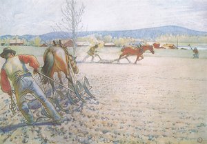 Dwaj mężczyźni z bronami pracowali metodycznie tam i z powrotem autorstwa Carl Larsson
