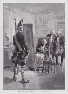 Król pruski Fryderyk Wilhelm I maluje grenadiera swojej Poczdamskiej Gwardii (rycina) autorstwa Carl Ludwig Friedrich (after) Becker
