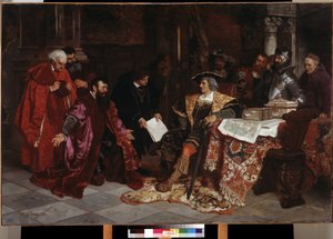 „Cesarz Maksymilian I (1459-1519) przyjmuje ambasadorów weneckich w Weronie” (Cesarz Maksymilian przyjmuje ambasadorów weneckich w Weronie) Obraz Carla Ludwiga Friedricha Beckera (1820-1900) 1879 Muzeum Puszkina, Moskwa