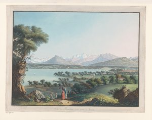 Widok Genewy z Mont-Blanc w tle Widok na Mont-Blanc i część Genewy (tytuł na obiekcie) autorstwa Carl Ludwig Hackert