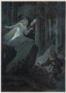 Opłata uciekająca ze złotym wrzecionem śpiewała losy złotego guzika. Ilustracja Carla Offterdingera (1829-1889) w „”Bouton d