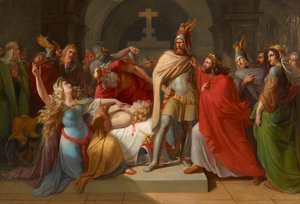 Kriemhild przy ciele Zygfryda ogłasza Hagena jako swojego mordercę i przysięga zemstę, 1835.