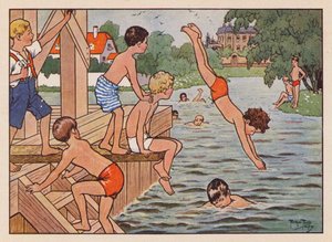 Pływanie i nurkowanie chłopców (kolorowa litografia) autorstwa Carl Robert Arthur Thiele