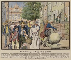 Cywile pomagający pruskim rannym podczas obrony Gdańska, wiosna 1807 (kolor lito) autorstwa Carl Röchling