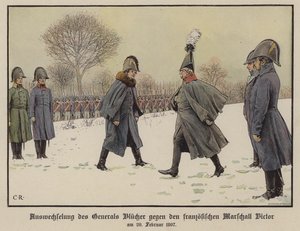 Wymiana schwytanych feldmarszałków pruskich i francuskich Gebhard Blucher i Claude Victor-Perrin, 20 lutego 1807 (kolor lito) autorstwa Carl Röchling