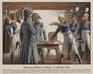 Feldmarszałek Blucher poddanie się Francuzom w Katekau, 7 listopada 1806 (kolor lito) autorstwa Carl Röchling