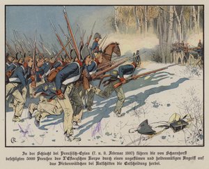 Piechota pruska atakująca w bitwie pod Eylau, 7-8 lutego 1807 (kolor lito) autorstwa Carl Röchling