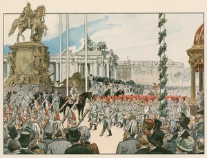 Wilhelm II, cesarz niemiecki i król pruski (1859-1941), podczas poświęcenia pomnika narodowego w Berlinie w 1897 r.