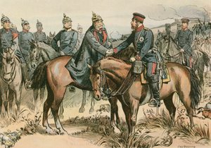 Wilhelm I, król pruski i pierwszy cesarz niemiecki (1797-1888) witający syna w Sadowej w 1866 r. autorstwa Carl Rohling
