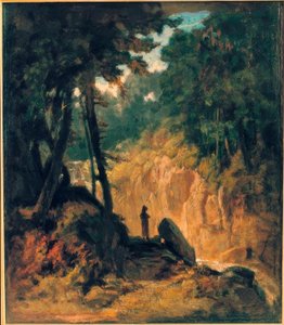 Krajobraz leśny z wodospadem, na brzegu z kapucynami autorstwa Carl Spitzweg
