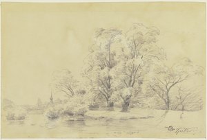 Krajobraz z drzewami nad wodą, w oddali wieża wiejskiego kościoła autorstwa Carl Spitzweg