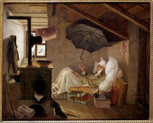 Biedny poeta Stary człowiek leży na strychu. Obraz Carla Spitzwega (1808-1885) 1839. Wym. 0,36 X 0,44 m Berlin, Altes Museum, Niemcy - Biedny poeta. Stary człowiek przykuty do łóżka na strychu. Obraz Carla Spitzwega (1808-1885) autorstwa Carl Spitzweg