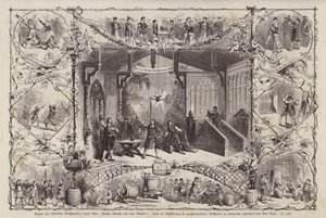 Sceny z opery Meister Martin und Seine Gesellen (Mistrz Martin i jego towarzysze) niemieckiego kompozytora Wendelina Weissheimera, wykonane w Grossherzoglichen Hoftheater, Karlsruhe, Niemcy (ryty) autorstwa Carl Thiel