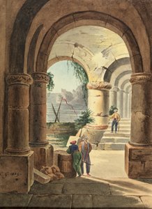 Widok na morze przez krużganek, 1829 (wc na tekturze)