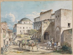 Impreza uliczna w Atenach. Z pałacem Hadji Hazekisa i meczetem Tzistarakis autorstwa Carl Wilhelm Heideck