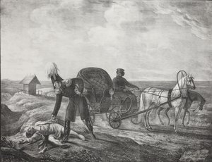 Cesarz Aleksander I pomaga potrzebującej osobie, 1820 r. autorstwa Carl von Hampeln
