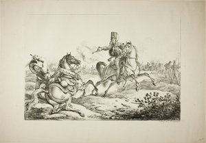 Huzar strzelający z pistoletu na niemieckiego dragona autorstwa Carle Vernet