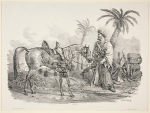 Siedzący Arab trzymający uzdę konia arabskiego autorstwa Carle Vernet