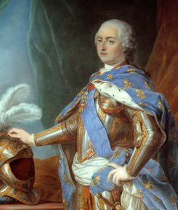 Szczegół „”Pełnowymiarowy portret Ludwika XV „” (1710-1774). Obraz Carle Van Loo (1705-1765) autorstwa Carle van Loo