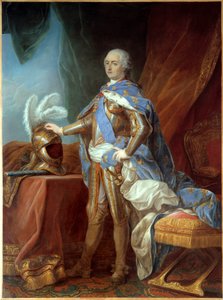 Portret u stóp Ludwika XV (1710-1774), w zbroi, ręka umieszczona na hełmie. Obraz Carle Van Loo (1705-1765), olej na płótnie (271 x 193 cm) autorstwa Carle van Loo