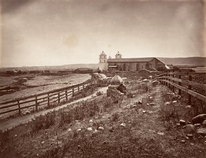 Kościół św. Barbary i Misji, 1876, druk ok. 1876. autorstwa Carleton Emmons Watkins
