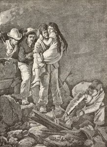 Dziewczyna zostaje uratowana po zawaleniu się jej domu, trzęsieniu ziemi w Casamicciola we Włoszech, rycina z rysunku E Sanesiego i obrazu Carlo Ademollo (1824-1911), z L