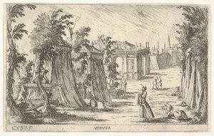 Widok z mężczyzną w turbanie i lwem stojącym po prawej stronie, namioty i klasyczny archite..., 1680-1710.