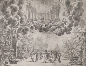 Scenografia z postaciami alegorycznymi, z „Idei wszystkich doskonałości… Piacenz…”, ca. 1690. autorstwa Carlo Antonio Forti