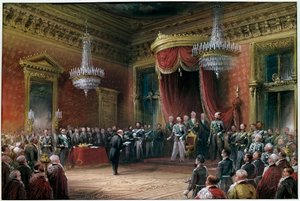 Risorgimento - Carlo Farini (1812-1866) przedstawia Wiktorowi Emanuelowi II (Wiktor Emanuel) (Vittorio Emanuele) (1820-1878) pakt aneksji Emilii Romagna w 1860 r. (olej na płótnie) autorstwa Carlo Bossoli